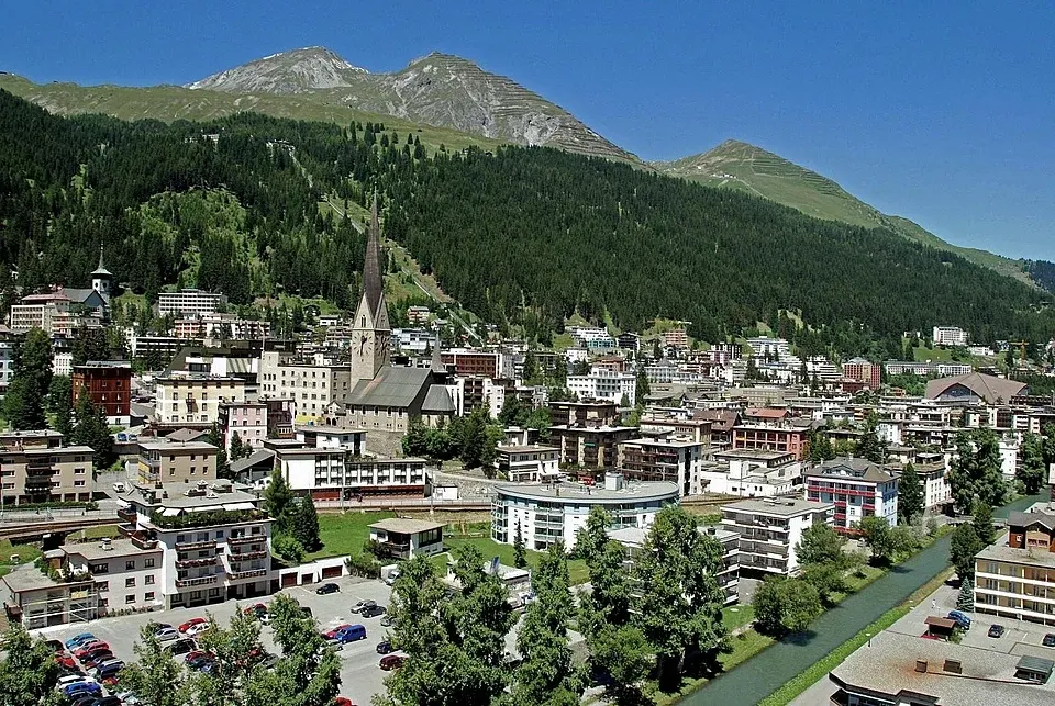 Davos in summer, green mountains above the town
