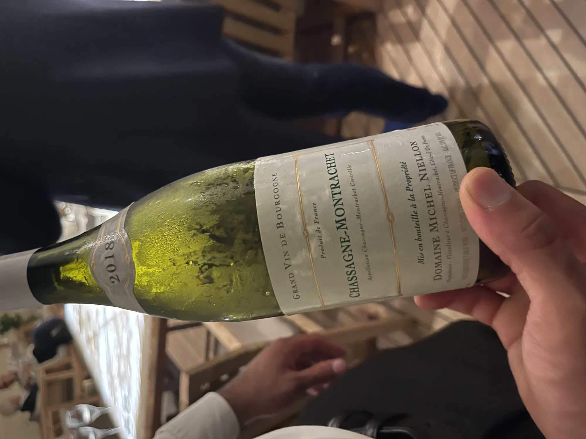 A bottle of Domaine Michel Niellon Chassagne-Montrachet, 2018, from a private Davos dinner