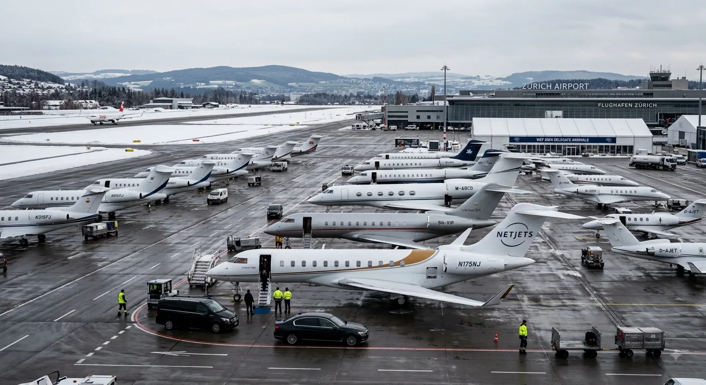 Private jets lined up on the tarmac at Zurich Airport during WEF week, snow-covered hills behind
