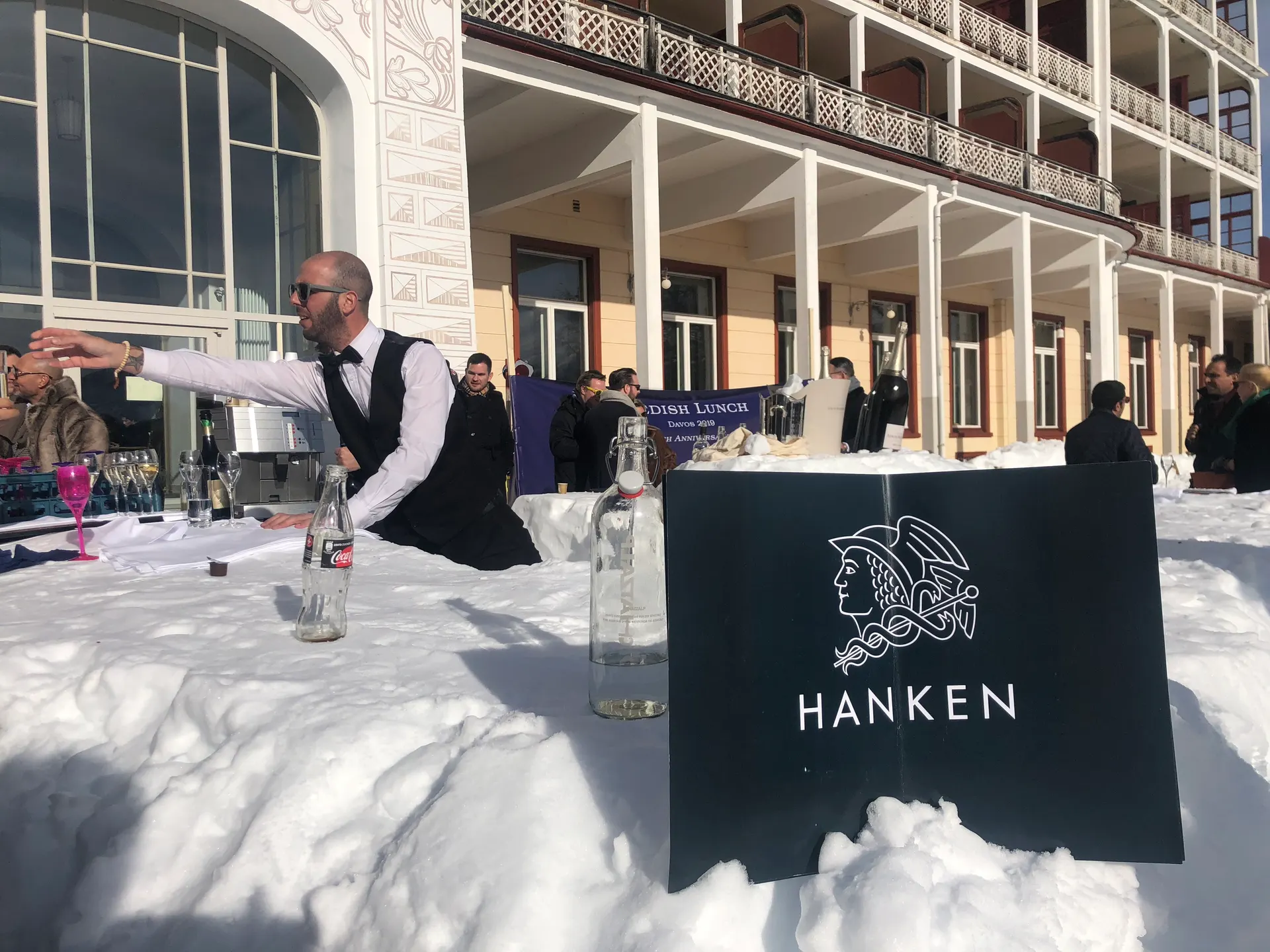 A café table in Davos with the mountains behind